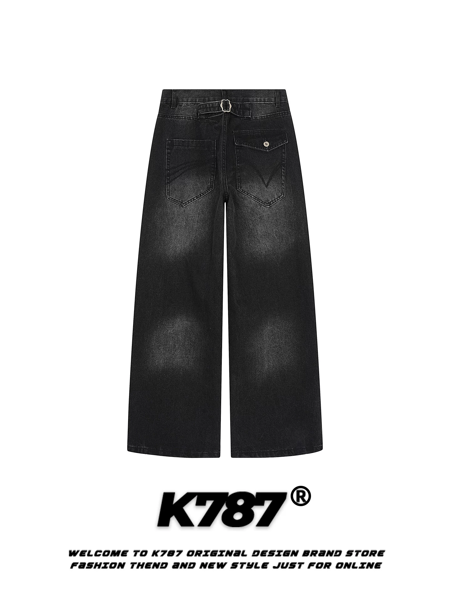 Quần jeans thiết kế đinh tán phong cách đường phố Mỹ K787 dành cho nam và nữ, quần ống rộng dáng suông, cạp cao, tôn dáng, dài chấm đất.