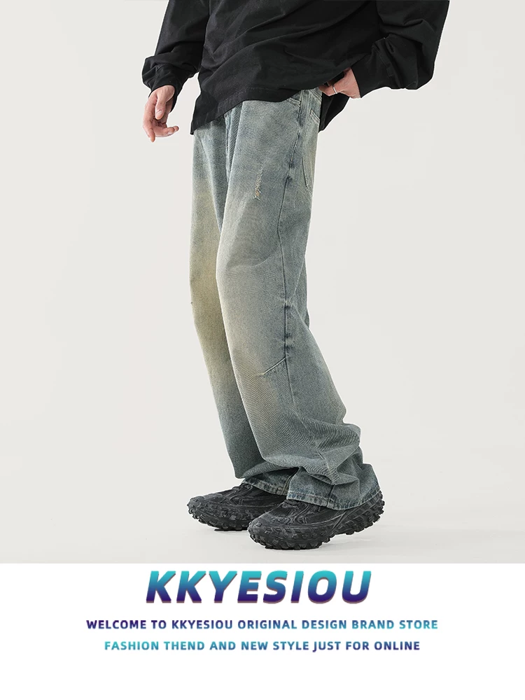 Quần ống rộng unisex phong cách retro Mỹ, chất liệu washed, kiểu dáng xu hướng đường phố, dáng thẳng, size lớn