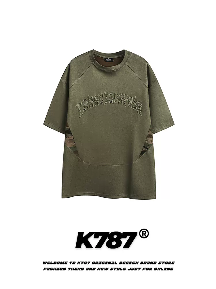 K787 Áo thun ngắn tay phong cách retro Mỹ, phối họa tiết rằn ri thêu, kiểu dáng unisex, rộng rãi, phong cách công sở, tay lửng