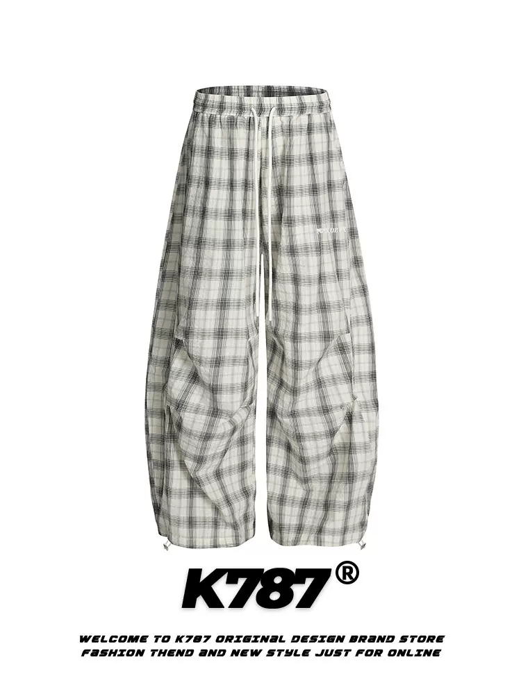 Quần kaki xếp ly kẻ caro kiểu Mỹ cổ điển K787, unisex, dáng rộng, chất liệu dù, cạp cao, phong cách đường phố, múa, kiểu dáng lửng.