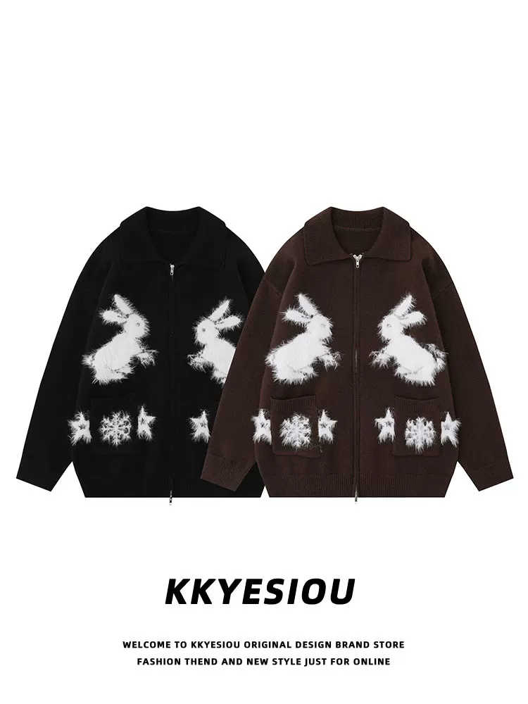 Áo khoác dệt kim jacquard thỏ cổ điển kiểu Mỹ KKyesiou dành cho nam và nữ, áo dệt kim dáng rộng màu đen phong cách preppy dành cho cặp đôi