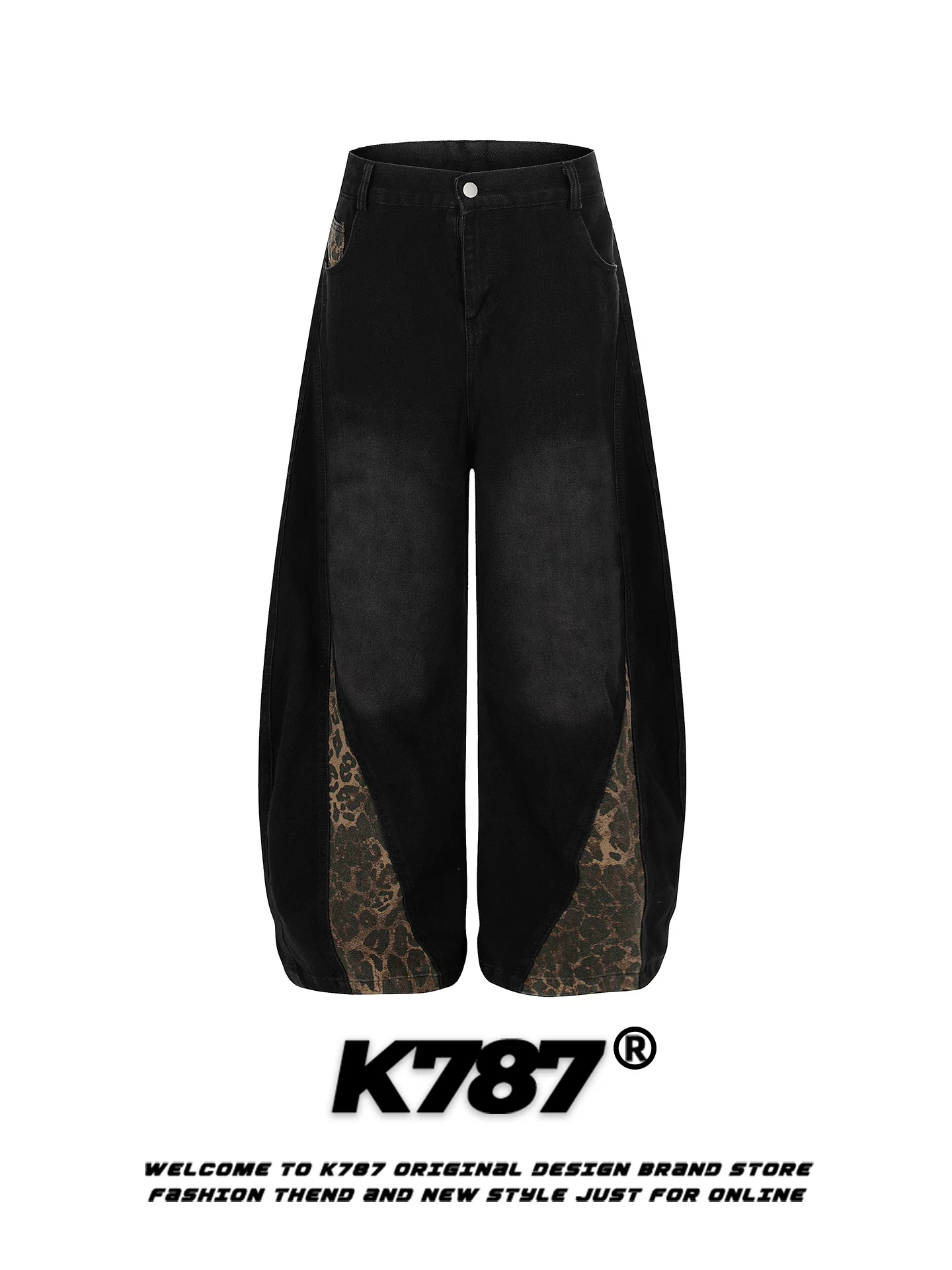 Quần jeans unisex kiểu dáng rộng, đa năng, phong cách retro Mỹ, họa tiết da báo ghép mảnh, thiết kế phá cách, kiểu dáng quần ống rộng, thích hợp đi làm.