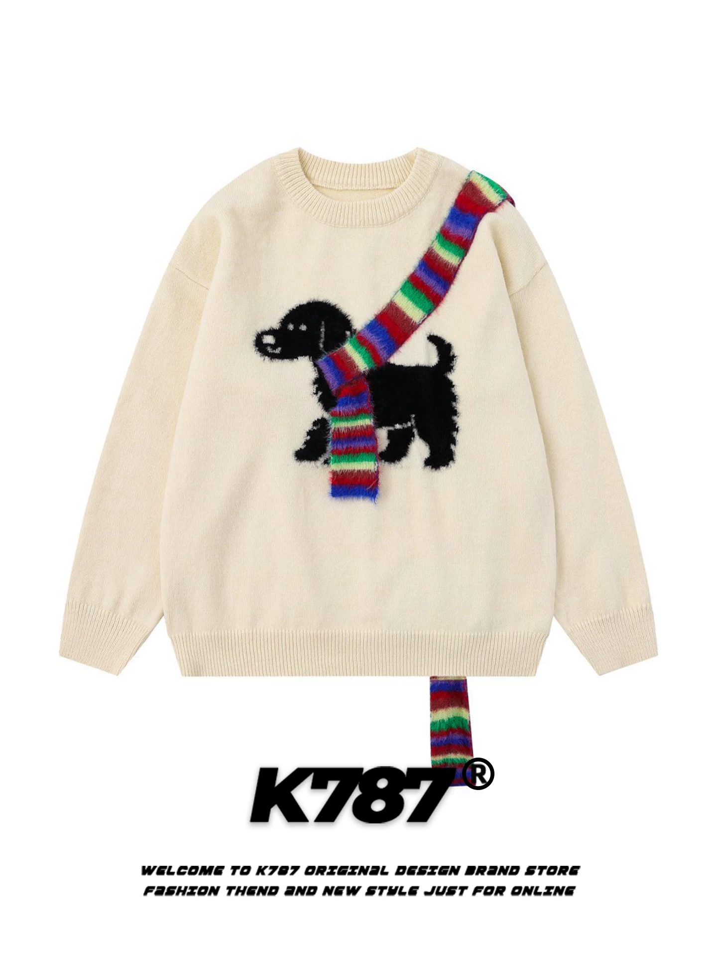 Áo len cổ tròn unisex kiểu dáng rộng rãi, chất liệu len dệt kim, họa tiết cầu vồng retro Mỹ, kiểu dáng cặp đôi, mã K787