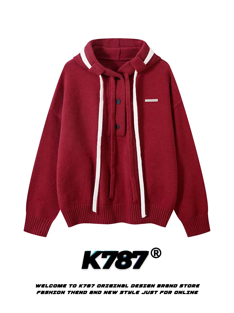 Áo hoodie len dệt kim màu đỏ phong cách retro Mỹ K787 dành cho nam và nữ với thiết kế đầy cá tính