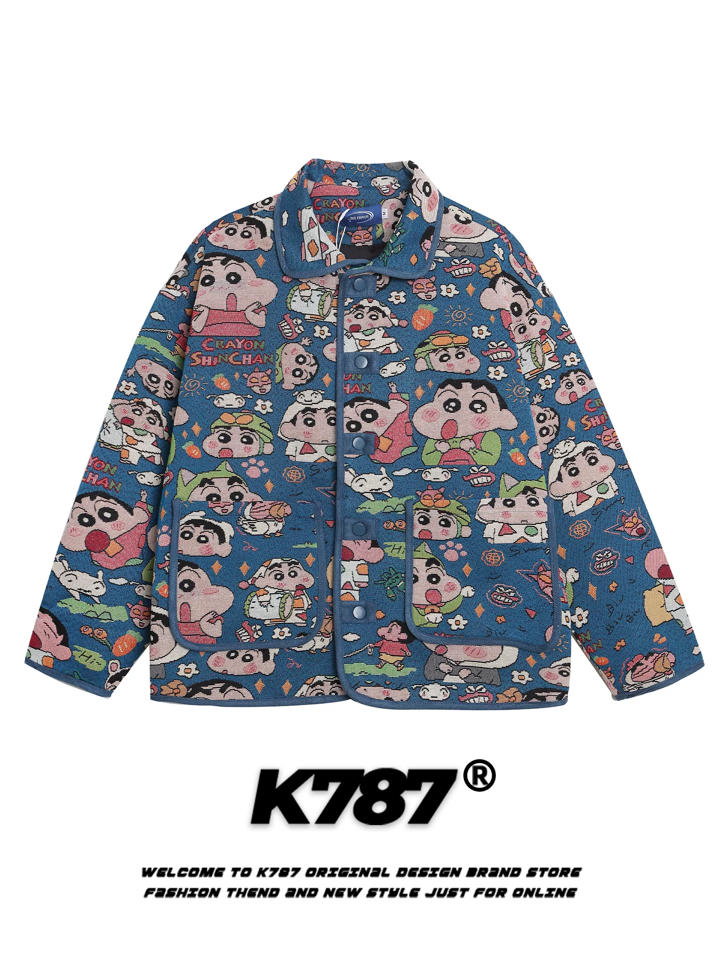 Áo khoác hoạt hình Crayon Shin-chan phong cách đường phố Mỹ K787 dành cho nam và nữ, áo khoác cặp đôi thiết kế cổ điển