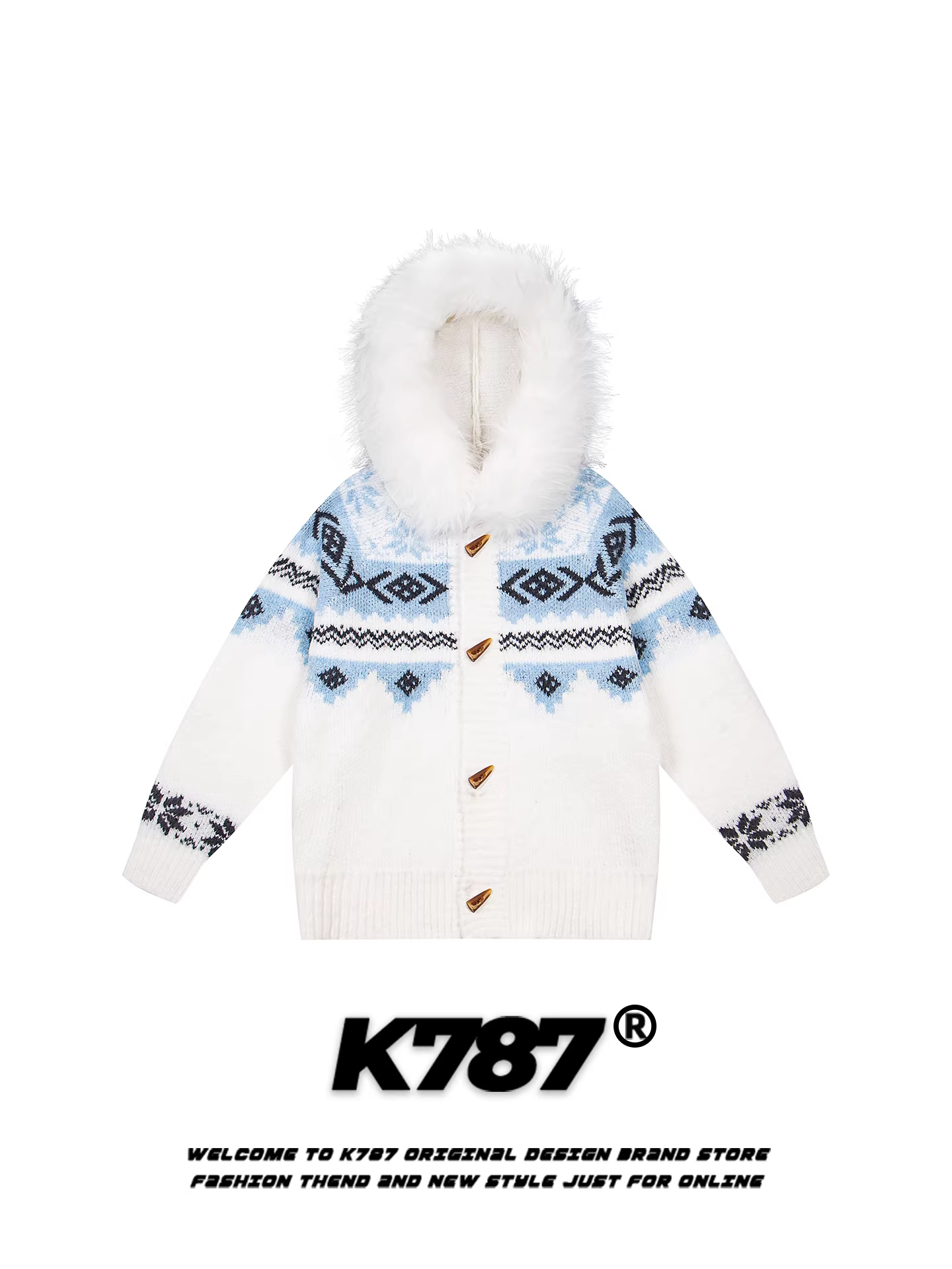 Áo len có mũ trùm đầu cổ lông dệt jacquard kiểu Mỹ cổ điển K787 dành cho nam và nữ, áo khoác cardigan dệt kim phong cách cặp đôi năng động