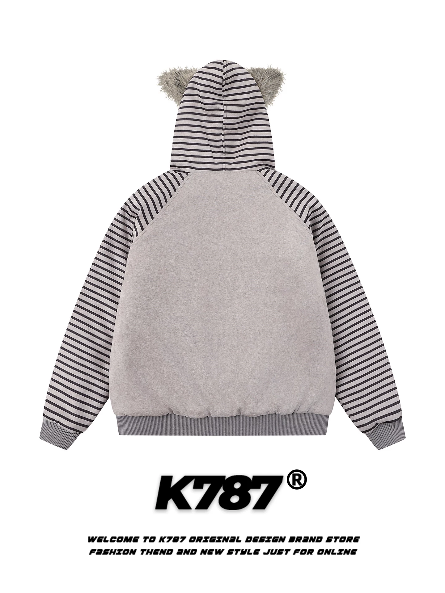 Áo khoác cotton có mũ trùm đầu hình tai mèo sọc cổ điển kiểu Mỹ K787 dành cho nam và nữ, áo khoác cardigan cotton dày dặn và ấm áp dành cho cặp đôi.