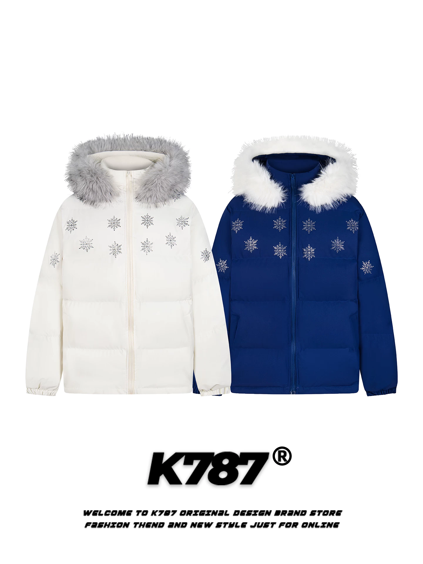 Áo khoác cotton hình bông tuyết lục giác cổ điển kiểu Mỹ K787 dành cho nam và nữ, phong cách lười biếng với cổ lông, áo khoác cotton có mũ trùm đầu dày dặn cho mùa đông.