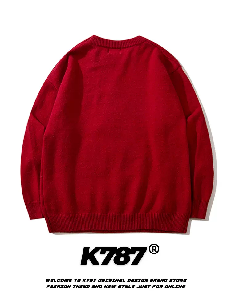 K787 không khí lễ hội Cây thông Noel màu đỏ thêu ngôi sao dệt kim unisex Áo len cặp đôi phong cách retro Mỹ