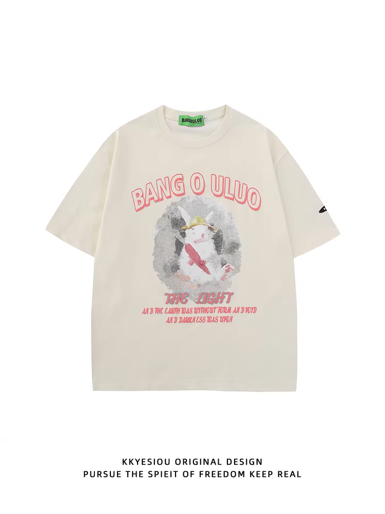 Áo thun ngắn tay in hình thỏ ngọt ngào KKyesiou phong cách Nhật Bản, unisex, oversize, cặp đôi, chất liệu cotton nguyên chất