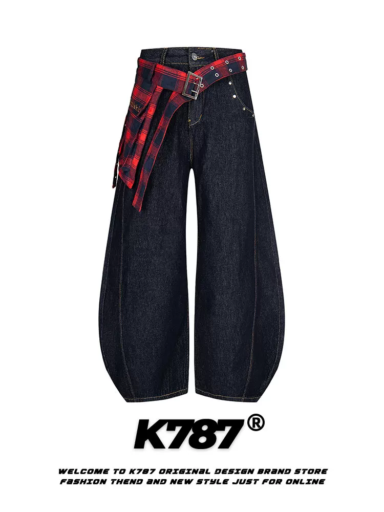 Quần jeans ống rộng dáng suông lưng cao unisex phong cách retro Mỹ, phối họa tiết ca rô, kiểu dáng quần lửng, chất liệu denim, mã K787