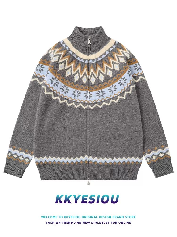 Áo khoác cardigan dệt kim sọc phong cách retro Mỹ KKyesiou, unisex, họa tiết đảo Feynman, khóa kéo, chất liệu jacquard