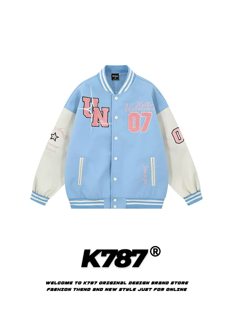 K787 Áo khoác bóng chày thêu chữ cổ điển kiểu Mỹ phong cách đại học unisex cổ điển đa năng áo khoác cặp đôi áo khoác
