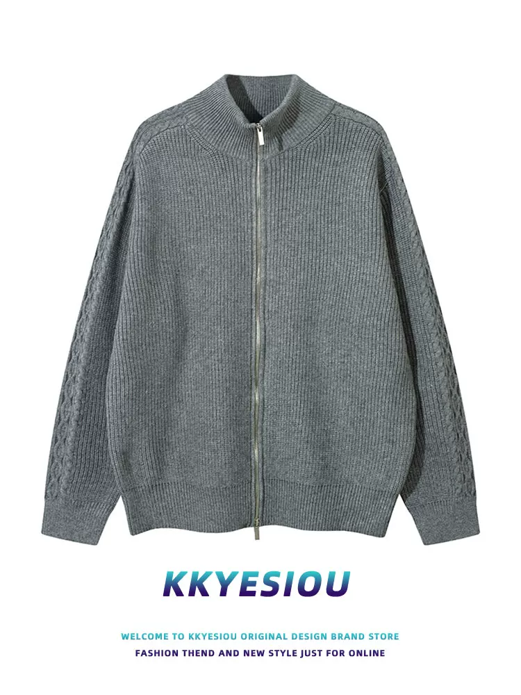 Áo khoác cardigan dệt kim màu trơn kiểu Mỹ cổ điển KKyesiou dành cho nam và nữ, áo len màu xám có khóa kéo phong cách giản dị