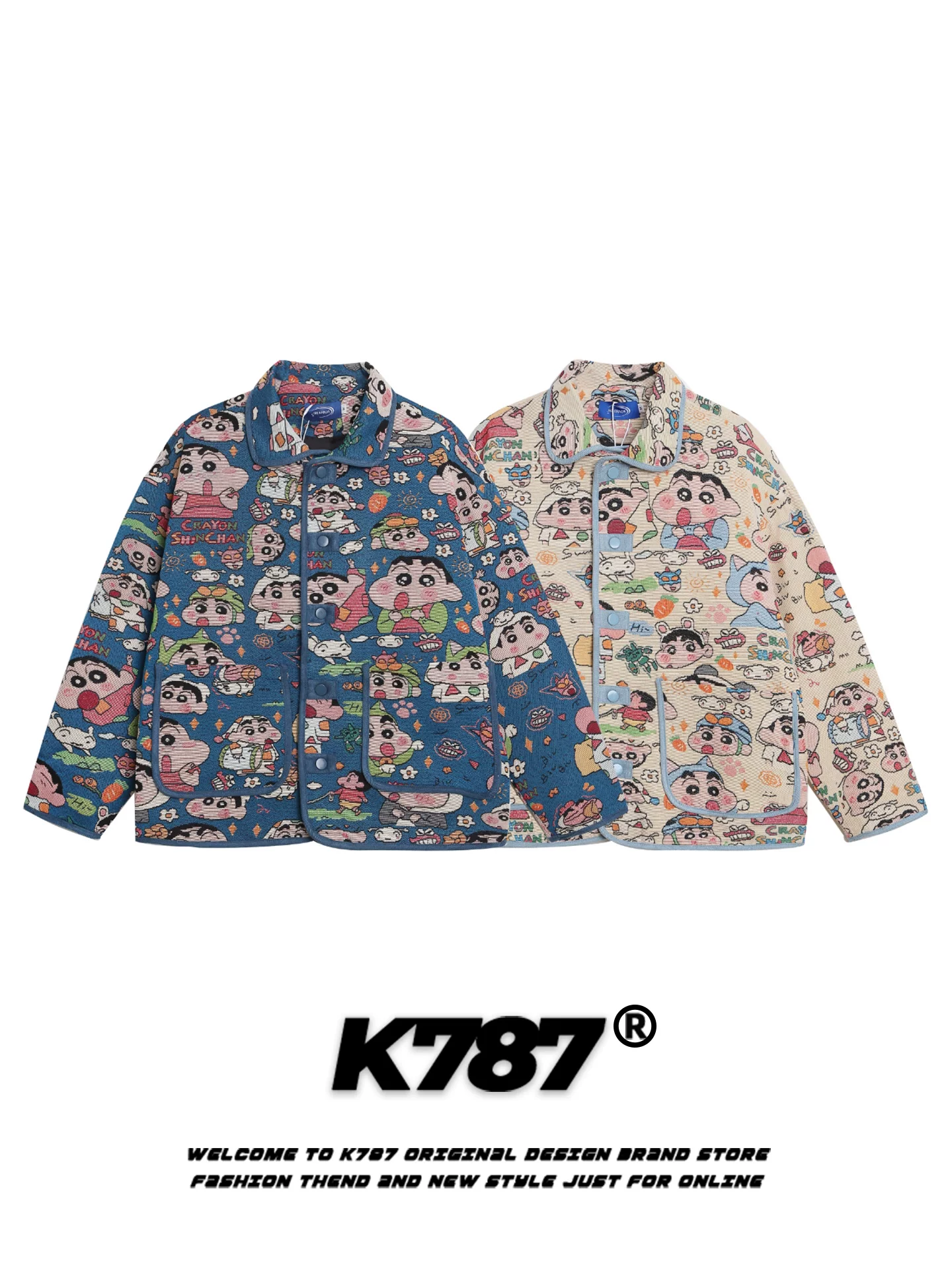 Áo khoác hoạt hình Crayon Shin-chan phong cách đường phố Mỹ K787 dành cho nam và nữ, áo khoác cặp đôi thiết kế cổ điển