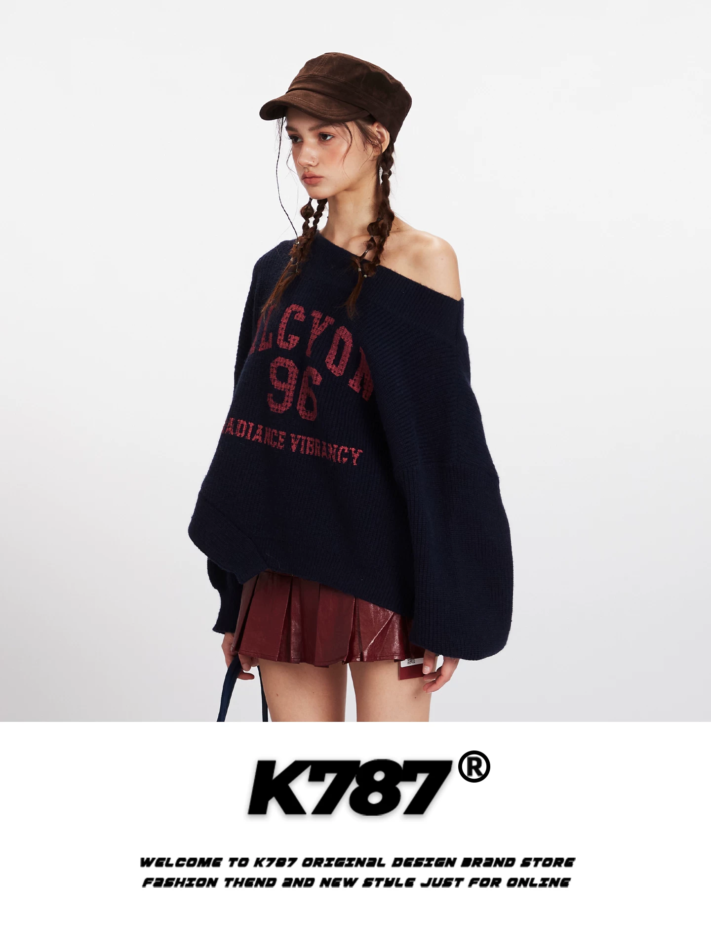 Áo len nữ kiểu Mỹ K787, họa tiết jacquard, dáng lệch vai, thiết kế bất đối xứng, chất liệu len dệt kim ngắn, kiểu dáng rộng rãi, thoải mái, phong cách lười biếng.