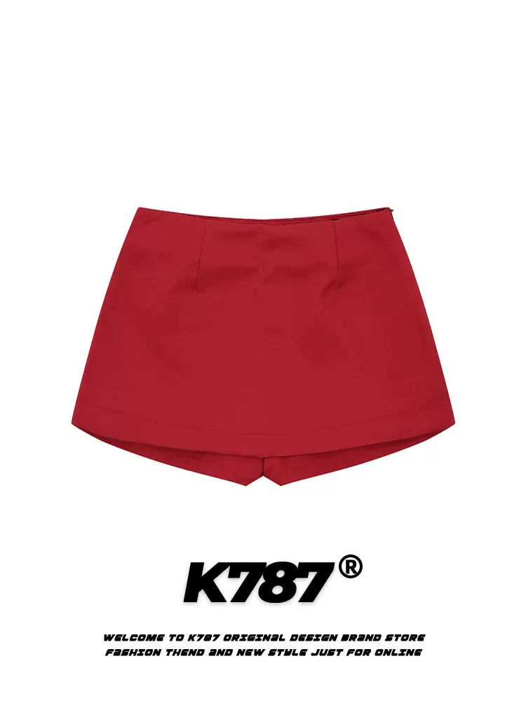 Quần short nữ K787 kiểu hot girl, màu đỏ, giả chân váy, cạp cao, phong cách đường phố Mỹ, thể thao, mùa hè 2025
