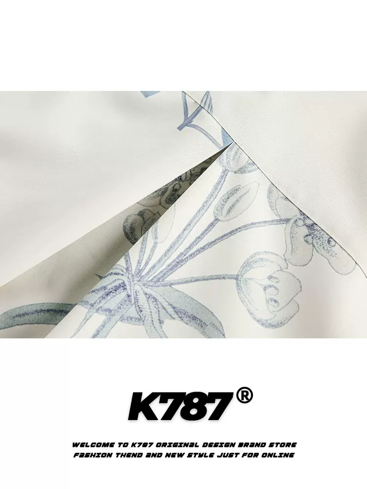 K787 Áo sơ mi cổ điển kiểu Mỹ cổ điển có cổ xu hướng quốc gia dành cho nam và nữ Áo sơ mi ngắn tay in hoa phong cách Trung Hoa áo cardigan đa năng nửa tay