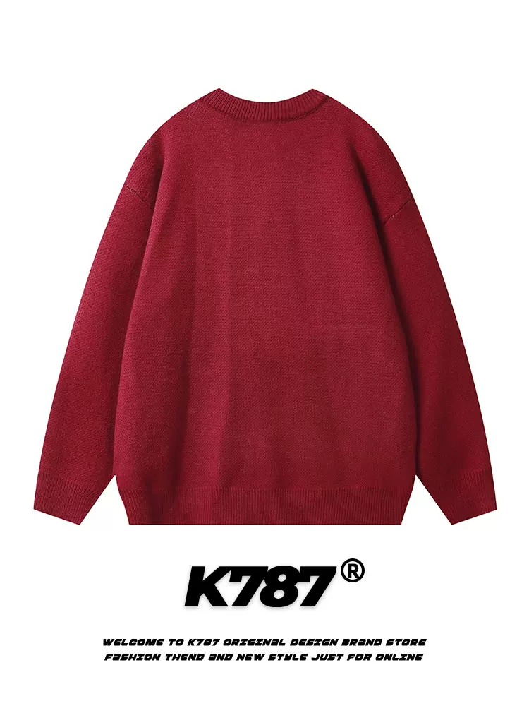 K787 Áo len dệt kim màu đỏ theo phong cách retro kiểu Mỹ theo chủ đề chó mùa đông áo len cặp đôi theo phong cách cung hoàng đạo