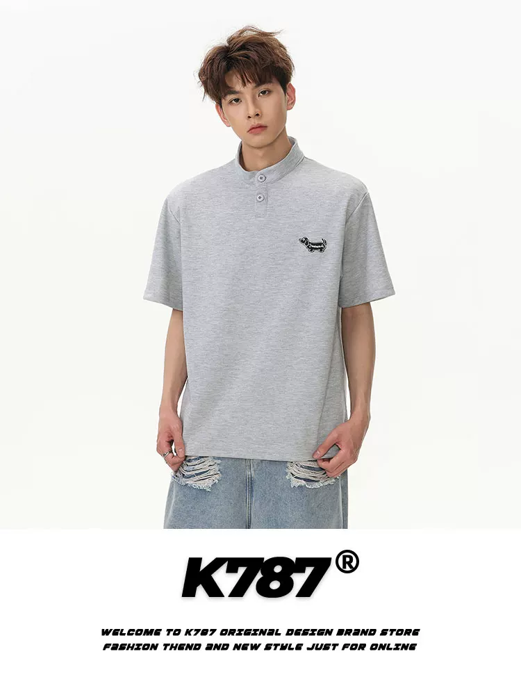 K787 Áo thun ngắn tay cổ đứng thêu dachshund cổ điển kiểu Mỹ unisex đa năng dáng rộng cặp đôi áo thun nửa tay