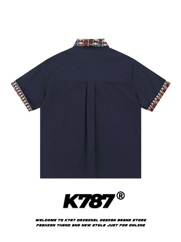Áo sơ mi ngắn tay thêu cổ điển kiểu Mỹ K787 dành cho nam và nữ, áo cardigan nửa tay phong cách dân tộc đường phố, kiểu ghép mảnh, mặc mùa hè