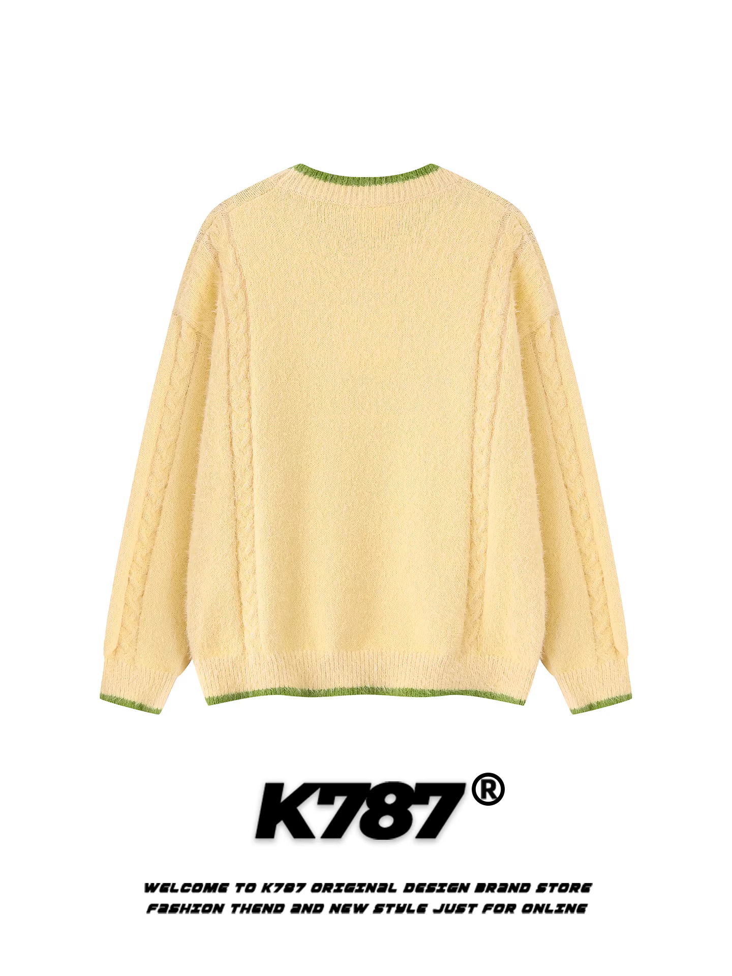 Áo len dệt kim cổ tròn kiểu Mỹ K787, chất liệu ren, họa tiết quả bơ, phong cách năng động, dành cho nữ, dáng rộng, phối màu, kiểu áo khoác học sinh.