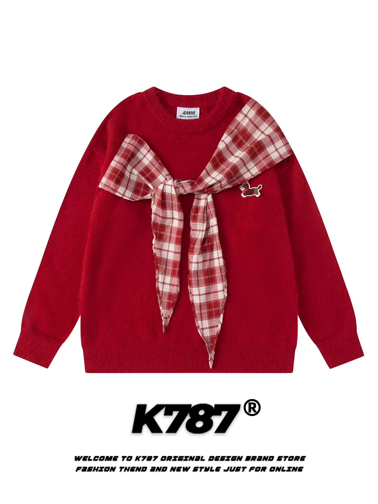 Áo len cổ tròn buộc dây kiểu Mỹ cổ điển K787 dành cho nữ, dáng rộng, áo len dệt kim màu đỏ giảm tuổi tác dành cho cặp đôi