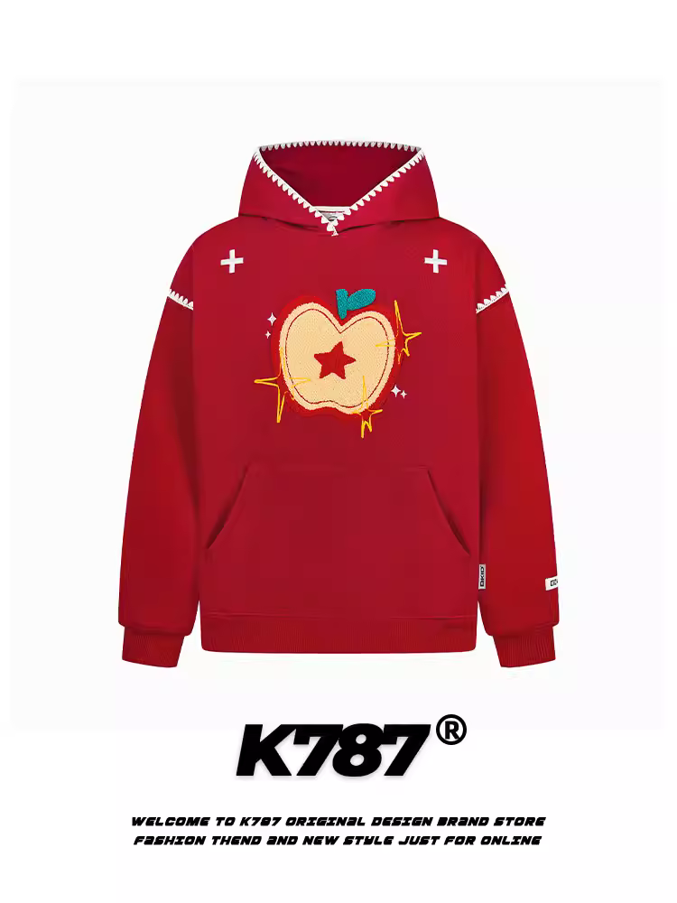 Áo khoác có mũ trùm đầu thêu hình quả táo cổ điển kiểu Mỹ K787 dành cho nam và nữ, áo khoác màu đỏ dáng rộng, lười biếng, giản dị dành cho cặp đôi