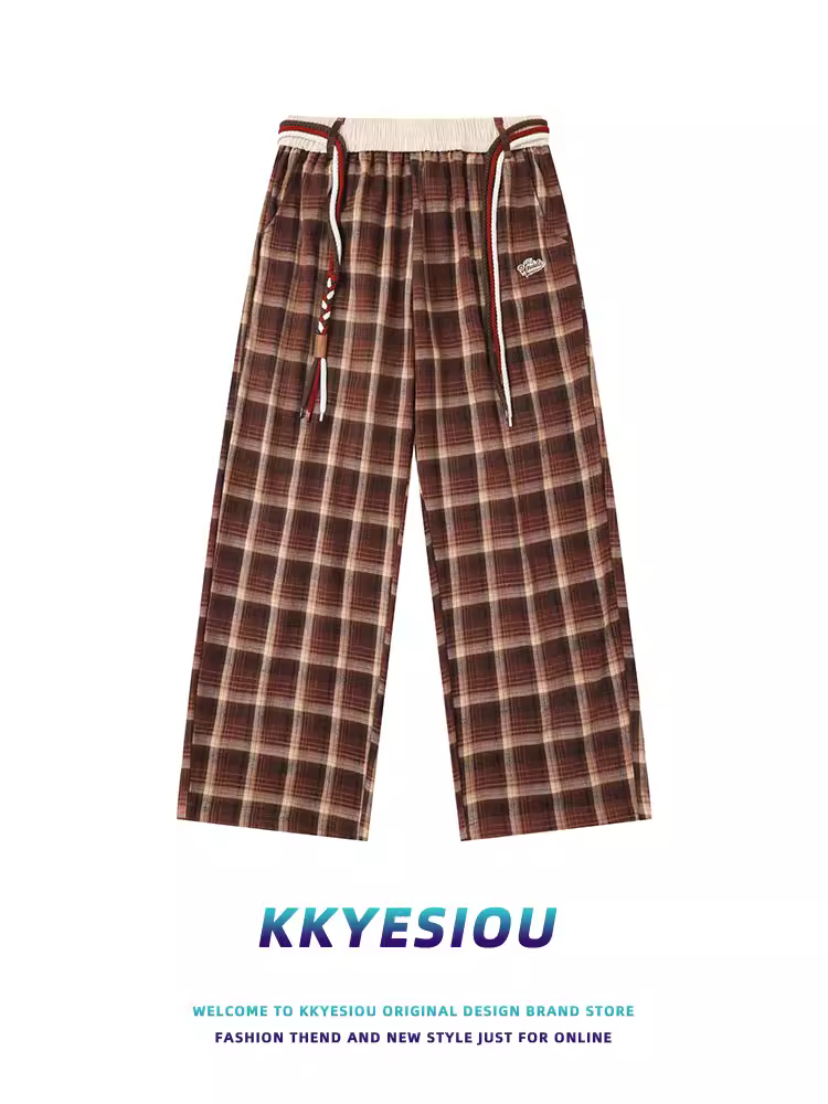 Quần kẻ sọc cổ điển kiểu Mỹ KKyesiou dành cho nam và nữ, quần ống đứng dáng thể thao đa năng, cạp cao, phong cách lười biếng