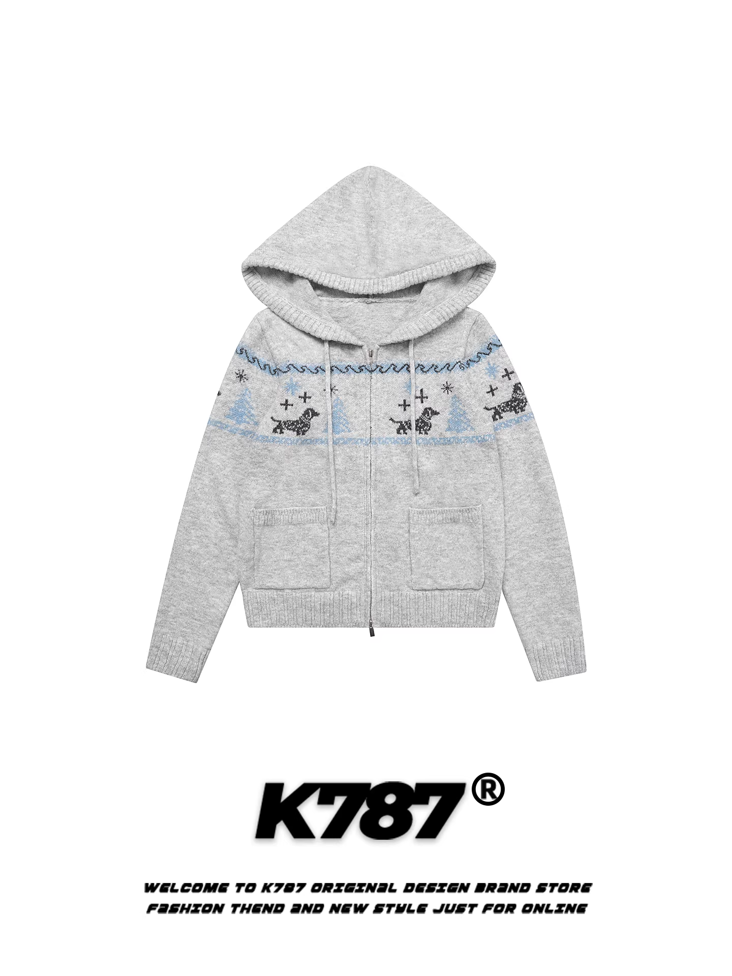 Áo khoác cardigan len thêu hình chó con phong cách retro Mỹ K787 dành cho nữ, kiểu dáng rộng rãi, thoải mái, chất liệu len đan, có khóa kéo, kiểu áo ngắn.