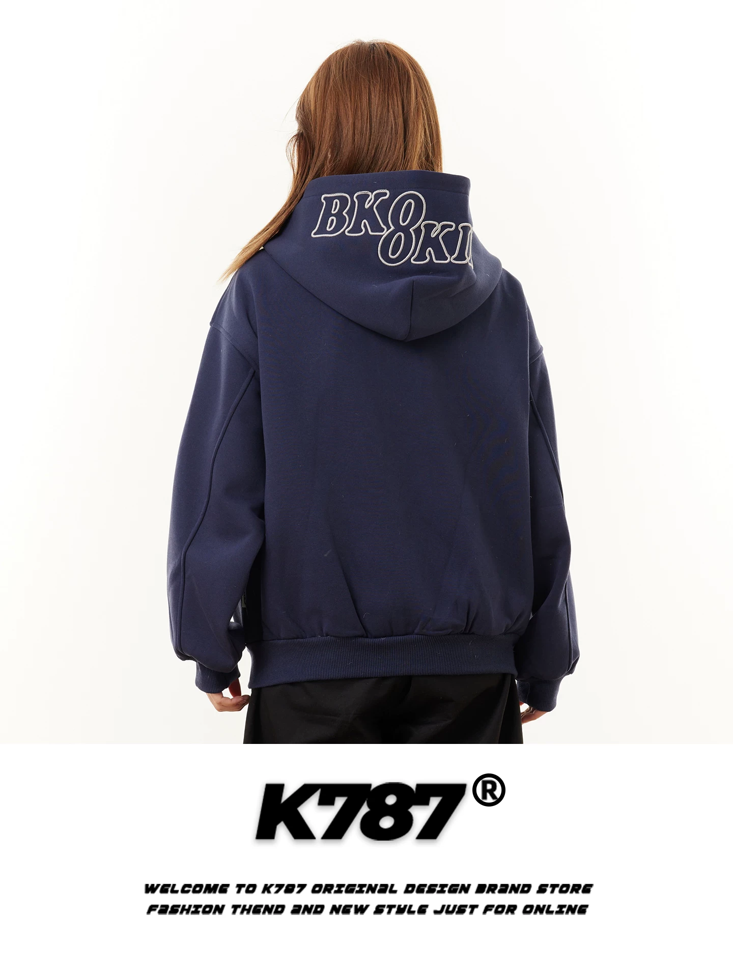 Áo hoodie thêu chữ phong cách đường phố Mỹ K787 dành cho nam và nữ, dáng rộng, đường may lộ, áo khoác cặp đôi ngoại cỡ, hợp thời trang.
