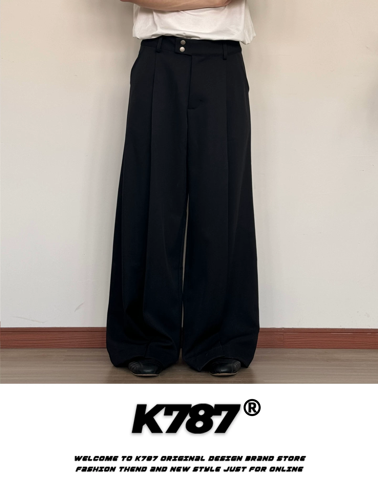 Quần âu unisex kiểu Mỹ cổ điển, chất liệu xước, dáng xuông, cạp cao, xếp ly, tôn dáng, ống thẳng, thương hiệu thời trang K787