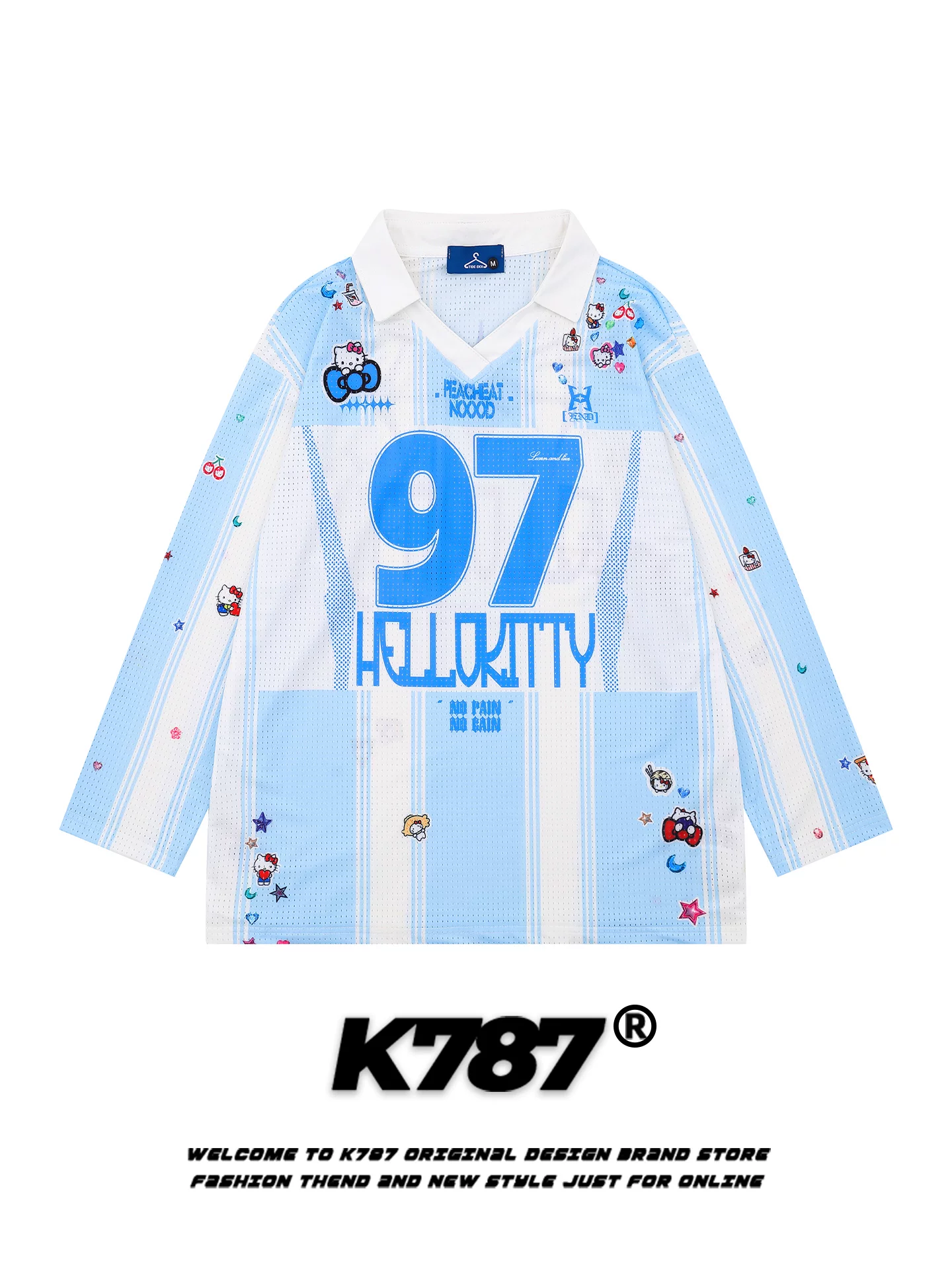 Áo thun dài tay in hình mèo Kitty hoạt hình đường phố Mỹ K787 dành cho nam và nữ, áo thể thao in kỹ thuật số, áo polo