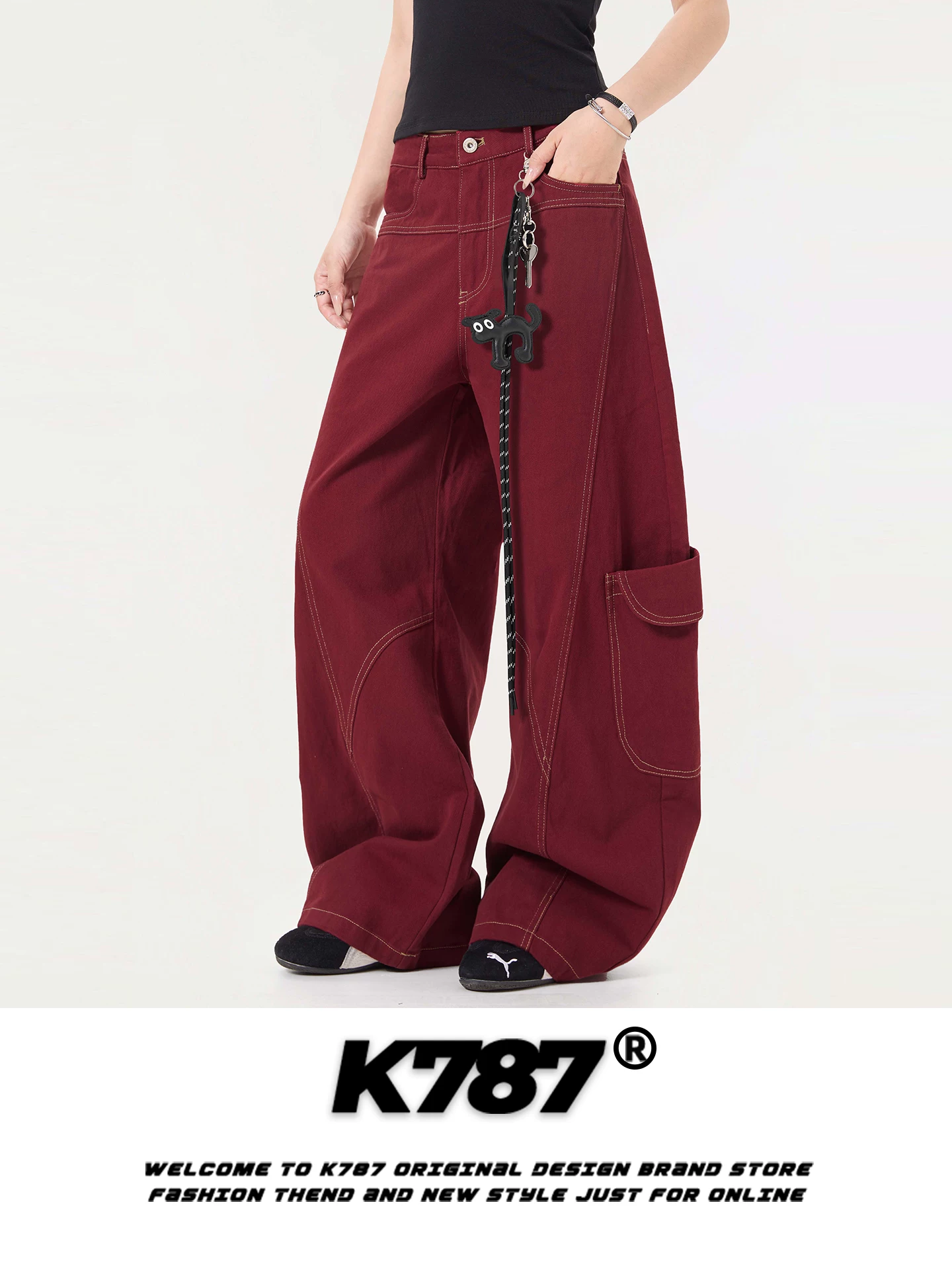 Quần jeans dáng rộng unisex K787 kiểu Mỹ cổ điển, thiết kế cấu trúc, cạp cao, đường may lộ, thời trang, ống rộng
