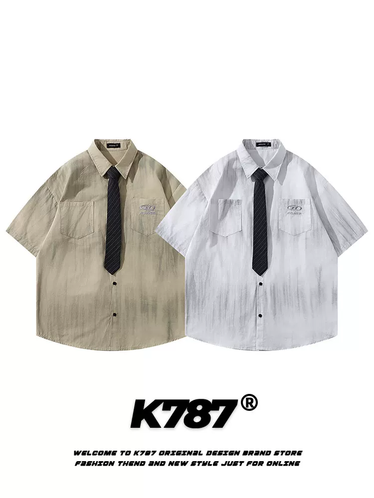 Áo sơ mi POLO ngắn tay nhuộm màu kiểu Mỹ K787 dành cho nam và nữ, phong cách đại học, dáng rộng, giản dị, hợp thời trang, thương hiệu nửa tay áo