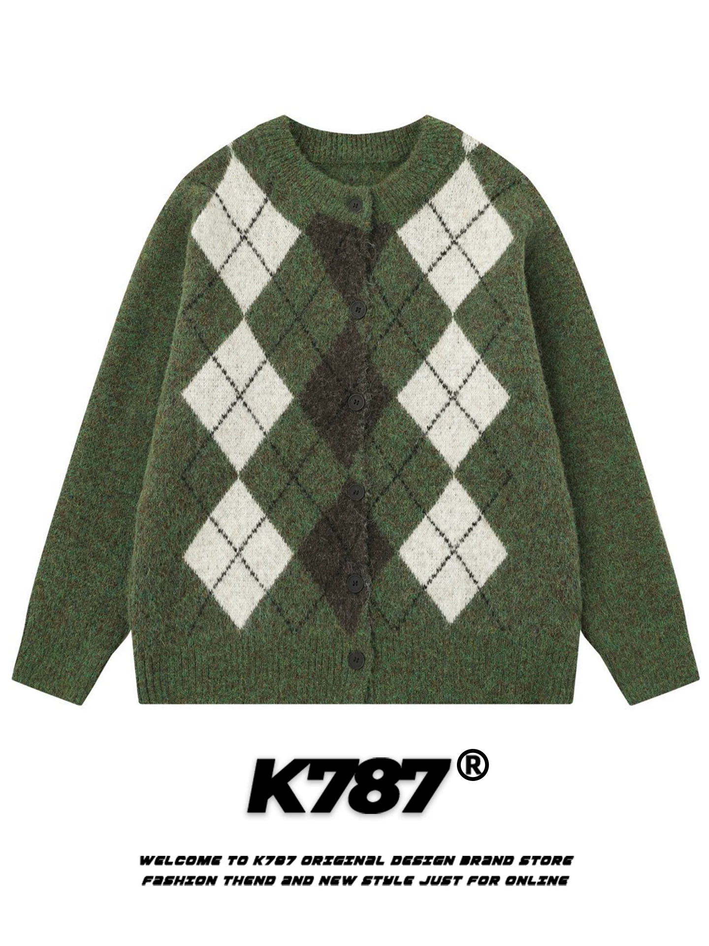 Áo len cardigan họa tiết kim cương cổ điển kiểu Mỹ K787 dành cho nam và nữ, áo khoác dệt kim dáng rộng, phong cách giản dị, thoải mái dành cho cặp đôi mùa thu.