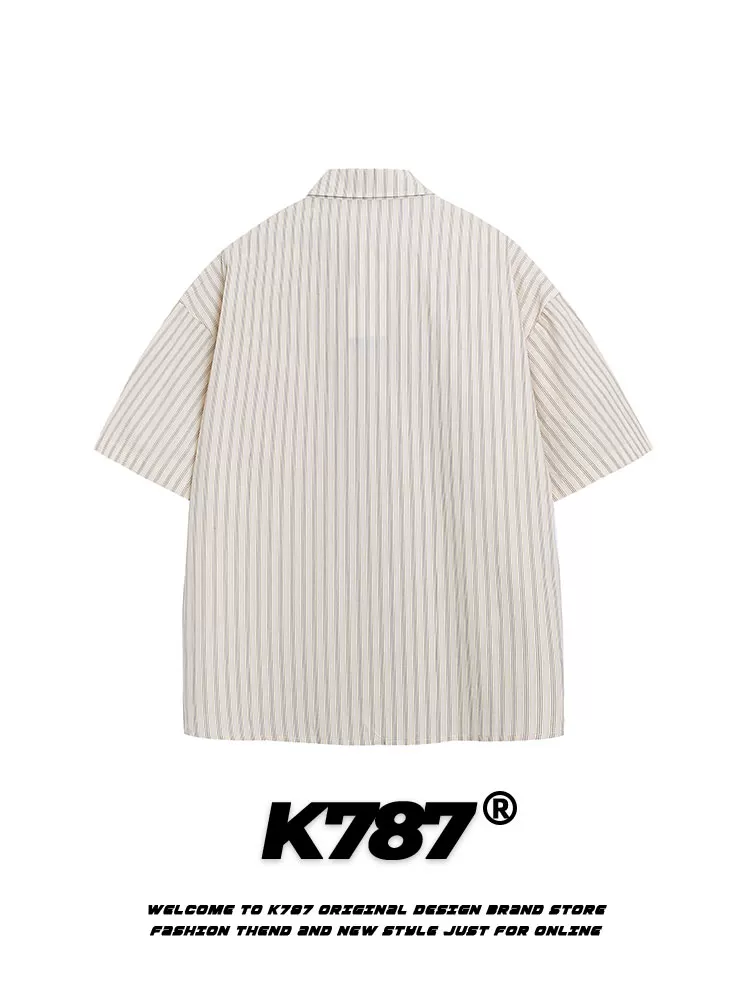 Áo sơ mi ngắn tay unisex phong cách retro Mỹ, kẻ sọc, kiểu học sinh, đa năng, mùa hè 2025, kiểu cardigan nửa tay