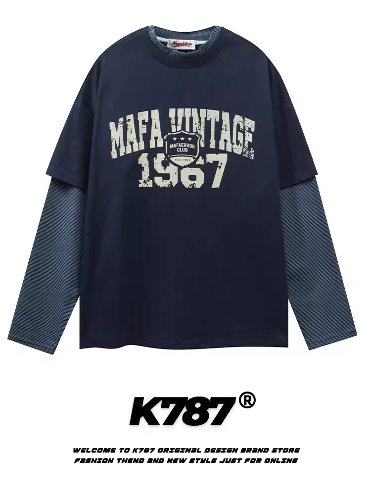 K787 Áo thun dài tay giả hai mảnh cổ điển kiểu Mỹ đã qua giặt cổ điển unisex áo nỉ ngoại cỡ ins áo đôi