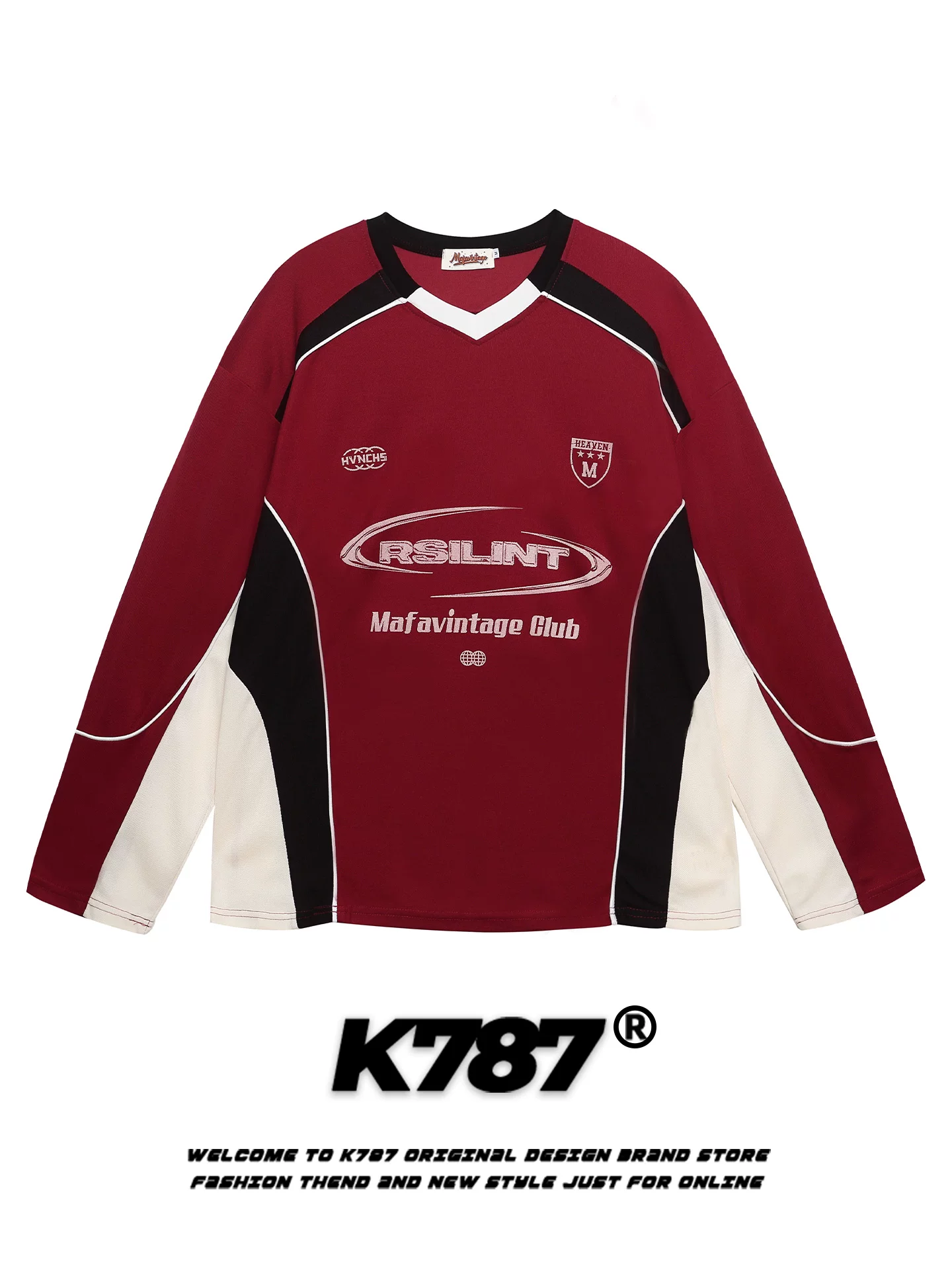 K787 Áo thun dài tay cổ chữ V phối màu theo phong cách retro của Mỹ unisex phong cách thể thao jersey in chữ áo dáng rộng