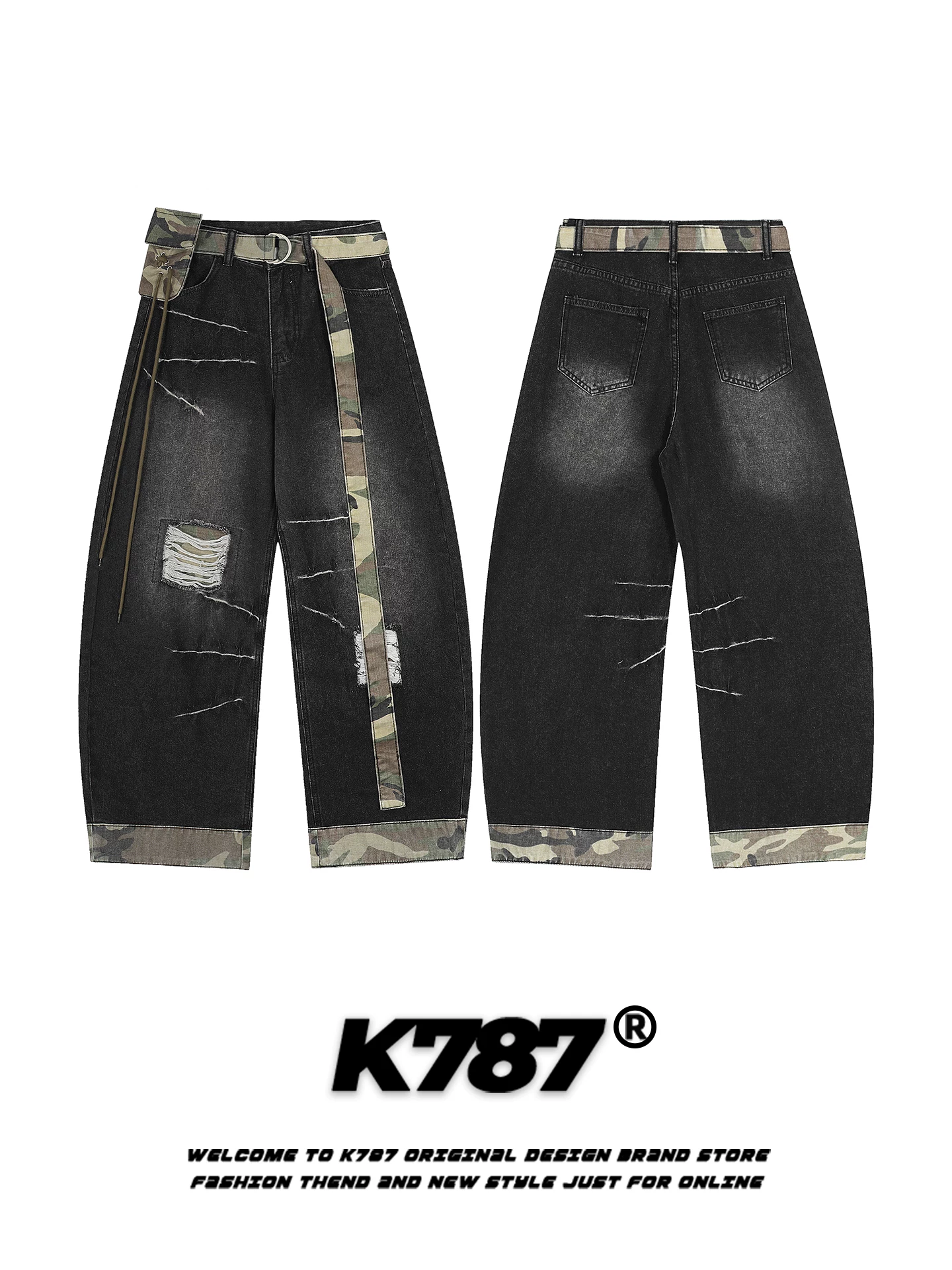 Quần jeans unisex dáng rộng, cạp cao, phong cách retro Mỹ, họa tiết phối màu rằn ri, kiểu dáng xù xì, xu hướng quốc dân, K787