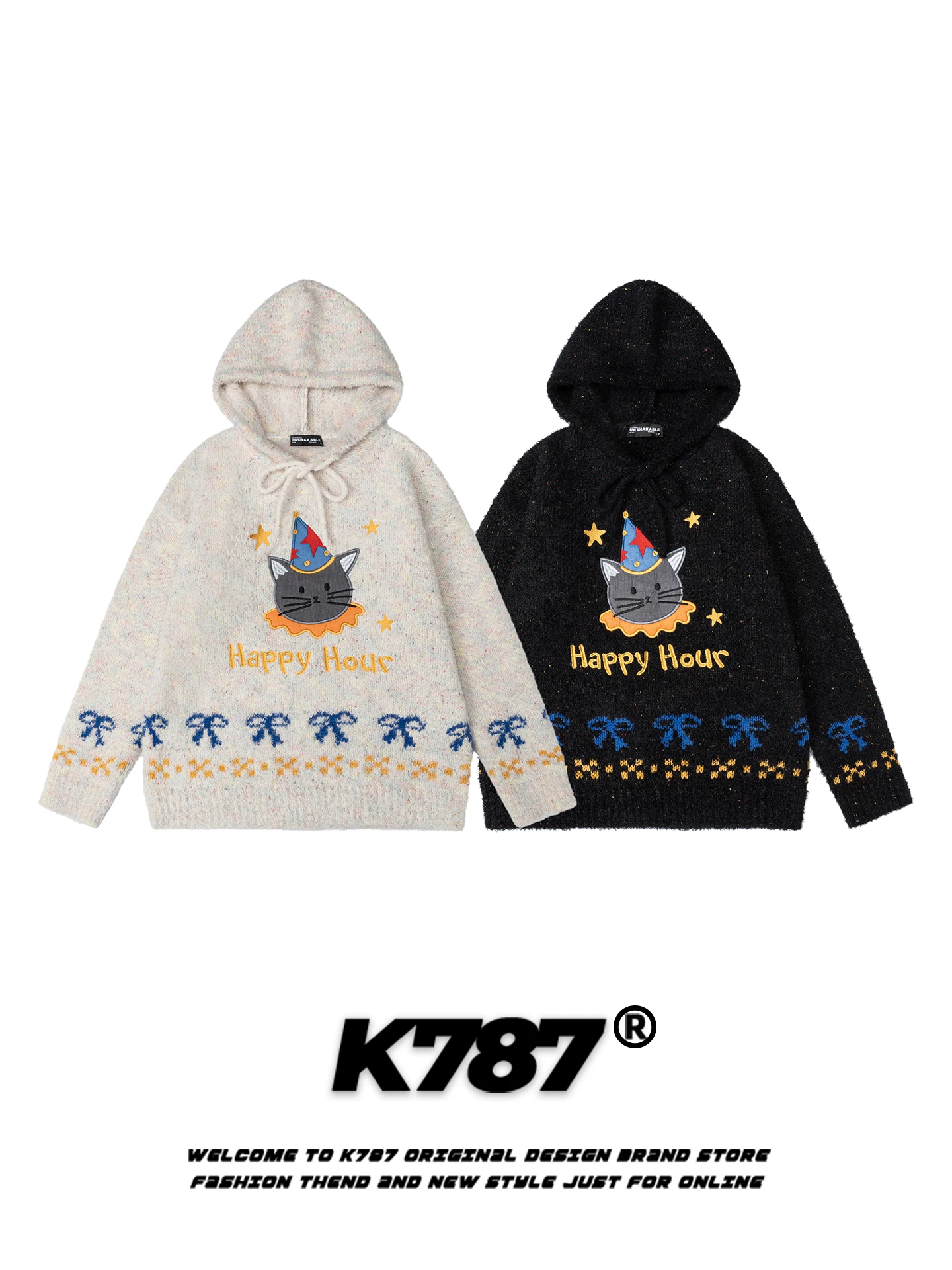 Áo hoodie thêu hình mèo phong cách đường phố Mỹ K787, áo khoác unisex vui nhộn, áo len dệt kim họa tiết sao