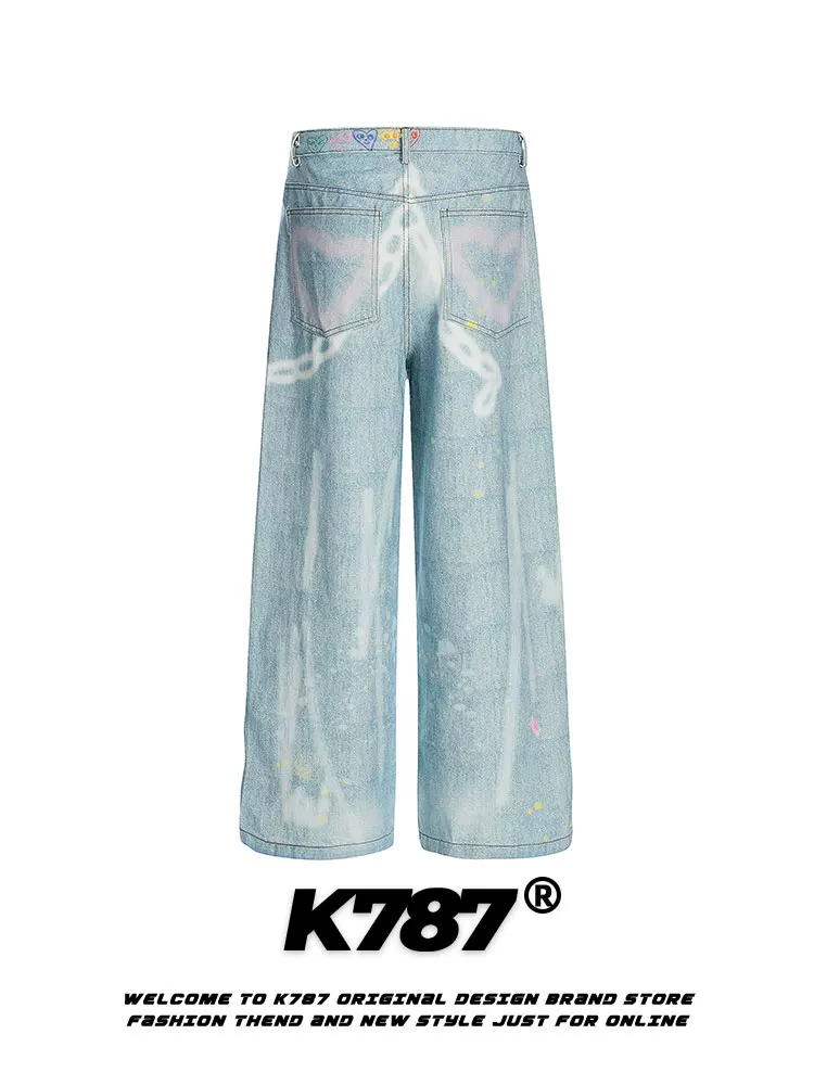 K787 Quần denim phong cách retro vui nhộn của Mỹ dành cho nam và nữ quần dáng rộng in hình trái tim dáng rộng quần thẳng