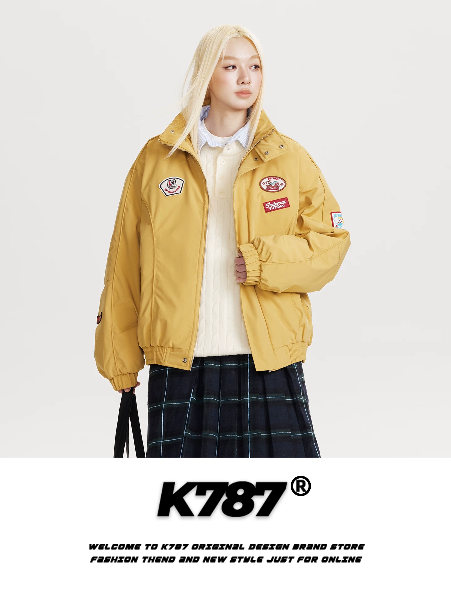Áo khoác cotton cổ đứng thêu họa tiết ghép mảnh kiểu Mỹ cổ điển K787 dành cho nam và nữ, áo khoác cotton ấm áp thời trang mùa đông dành cho cặp đôi