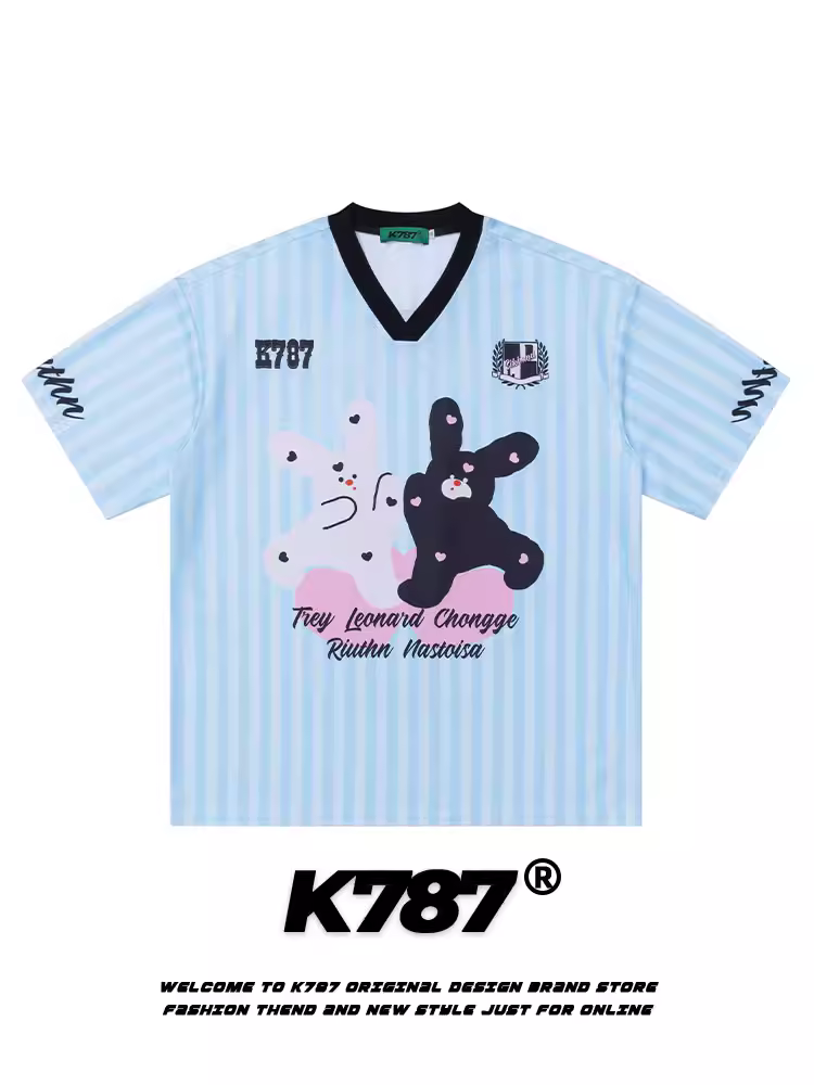 K787 Áo thun thể thao tay ngắn in hình thỏ ngộ nghĩnh phong cách đường phố Mỹ, áo thun unisex blokecore dáng rộng, áo thun thể thao ngắn tay