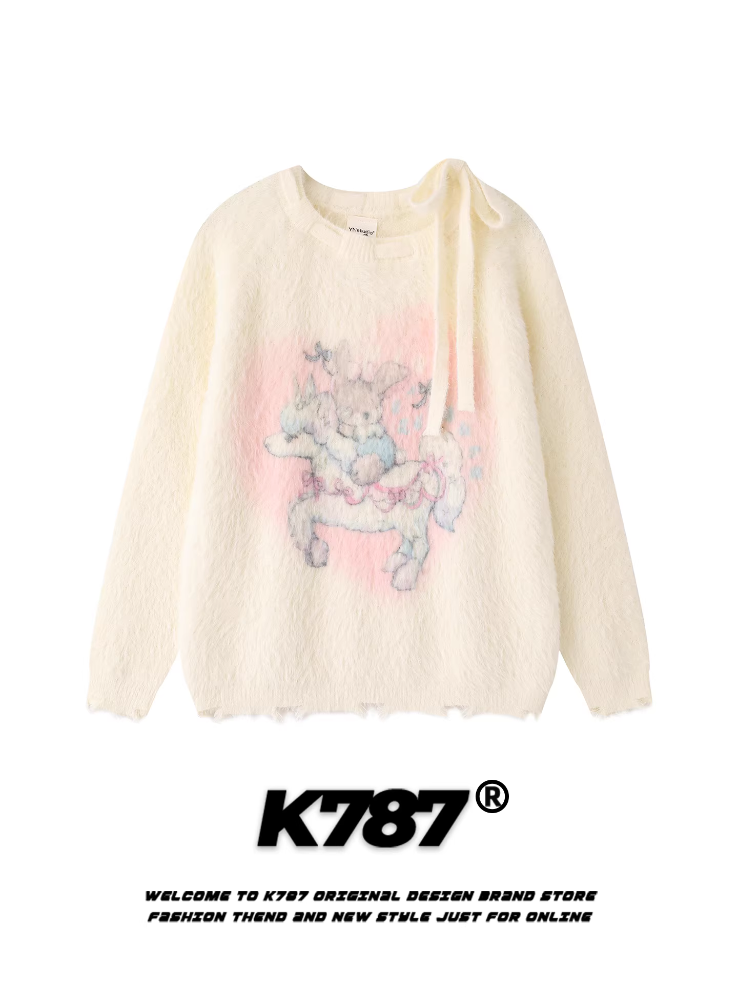 Áo len cổ tròn kiểu Nhật K787 họa tiết hoạt hình dệt jacquard, phong cách preppy, viền tua rua, chất liệu dệt kim, dành cho nữ.