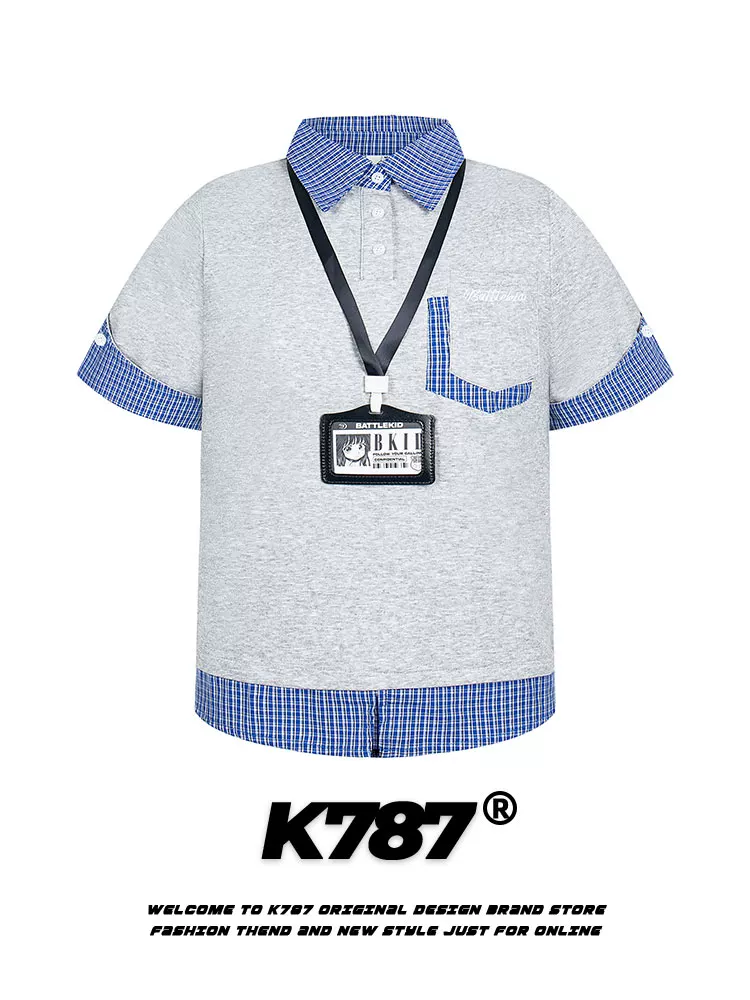 K787 Mỹ retro kẻ sọc giả hai mảnh phong cách đại học áo thun ngắn tay unisex đa năng giản dị áo sơ mi POLO hàng đầu mùa hè
