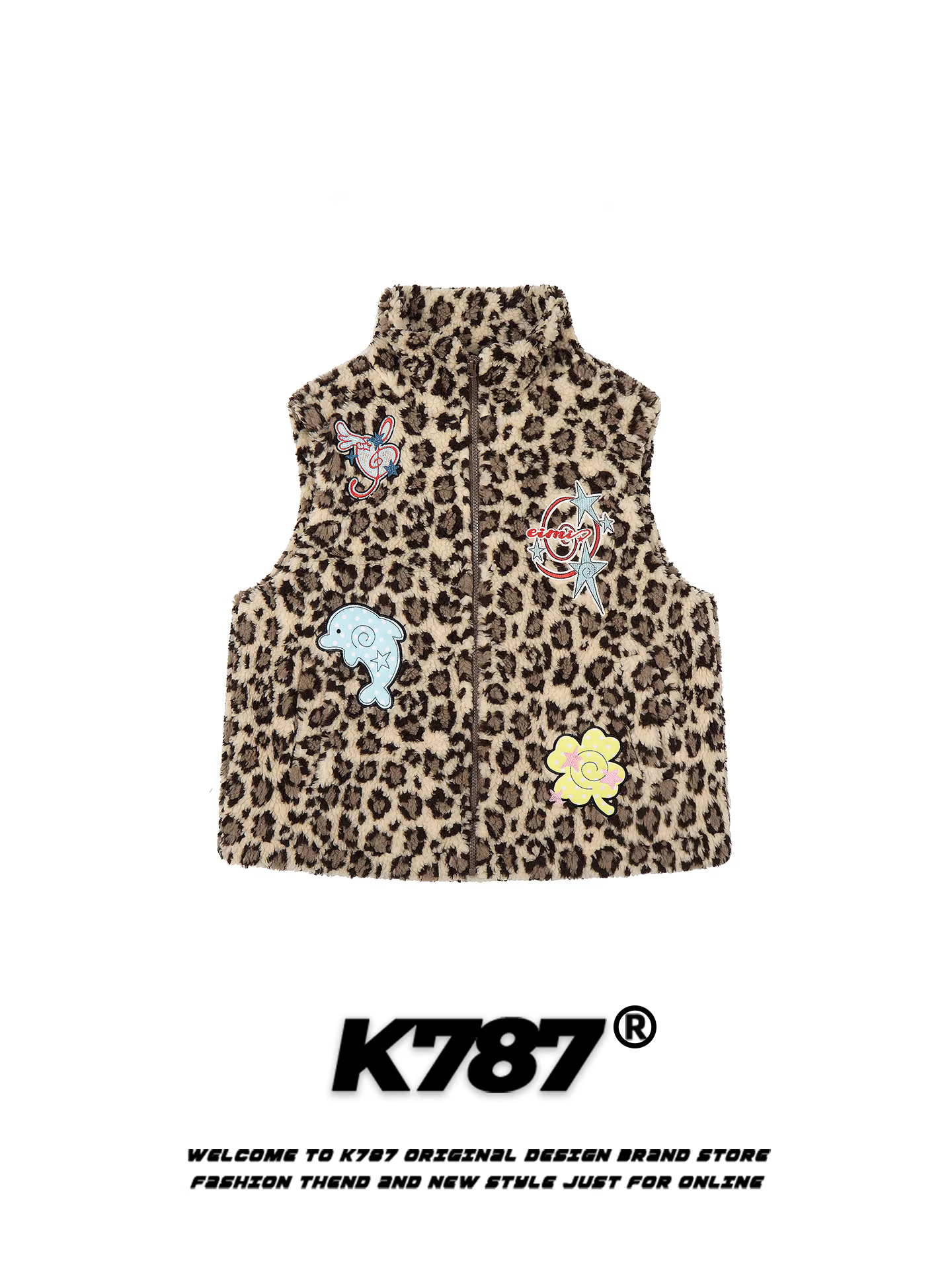 Áo gile cổ đứng thêu hình cá heo họa tiết da báo cổ điển Mỹ K787 dành cho nam và nữ, áo khoác mùa đông giữ ấm bằng len cừu dành cho cặp đôi