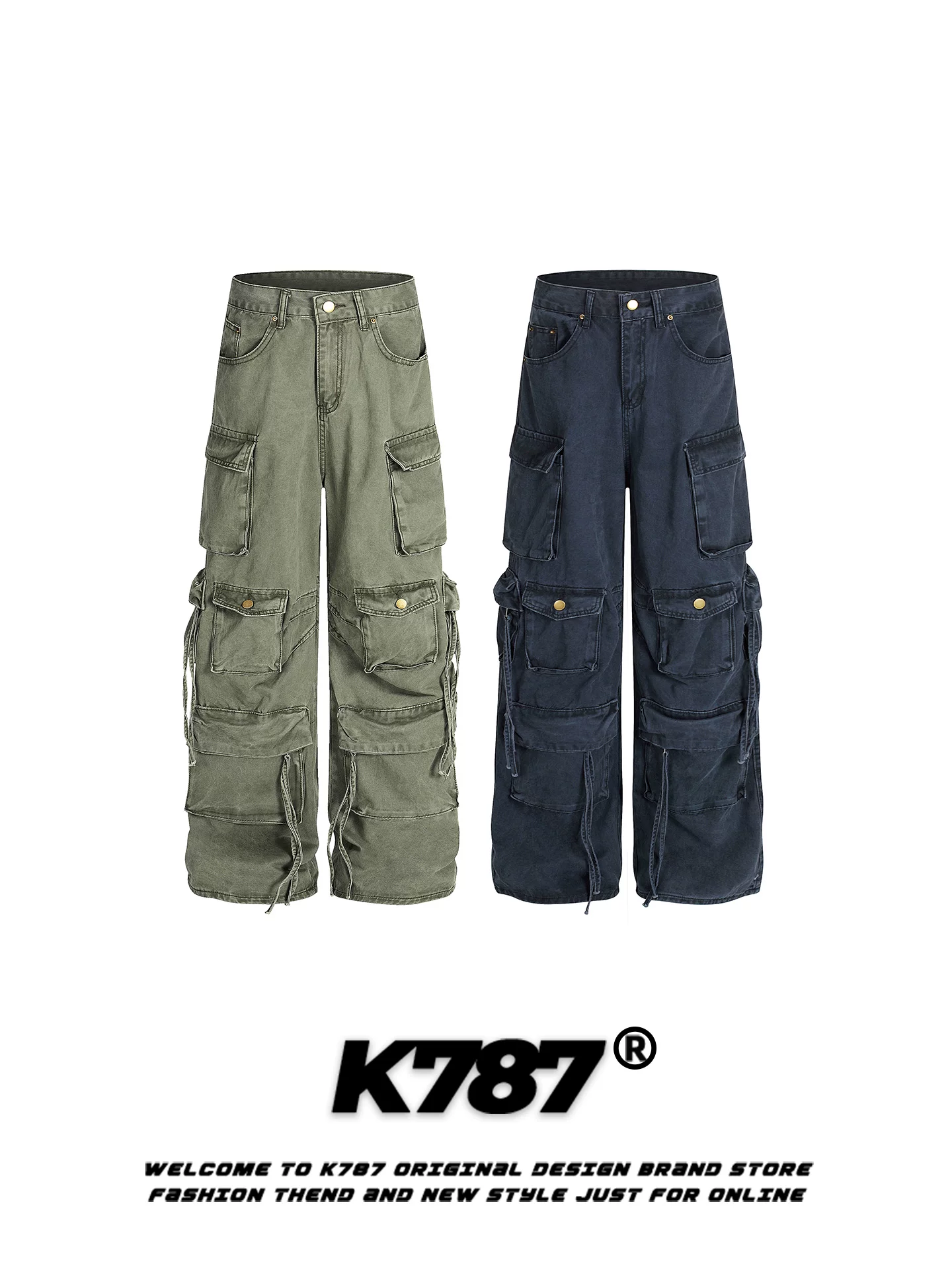 Quần cargo unisex K787 kiểu Mỹ cổ điển, chất liệu washed vintage, nhiều túi, cạp cao, dáng rộng, đa năng, ống thẳng, phong cách thường ngày