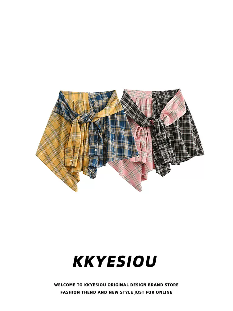Váy ngắn thể thao đa năng có dây buộc kiểu kẻ sọc KKyesipu dành cho nữ, váy nửa thân màu sắc phối hợp, cạp cao, kiểu dáng bất đối xứng.