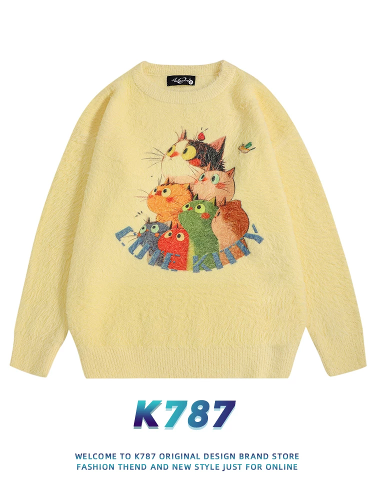 K787 Áo len dệt kim phong cách retro cổ điển của Mỹ dành cho nam và nữ, áo len cặp đôi dày dặn đa năng theo chủ đề mèo